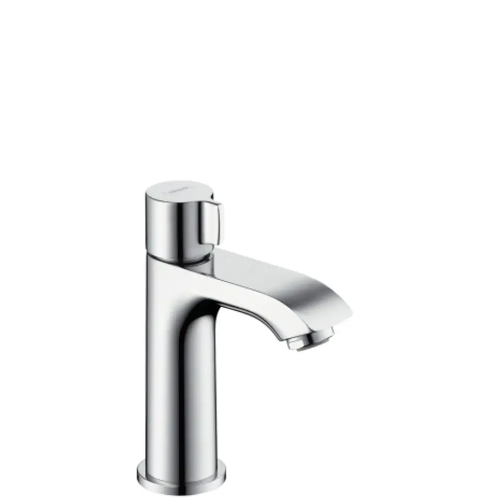 Chromfarbener Wasserhahn von Hansgrohe mit schmalem Auslauf und Bediengriff, geeignet für Kaltwasser oder vorgemischtes Wasser, ohne Ablaufgarnitur.